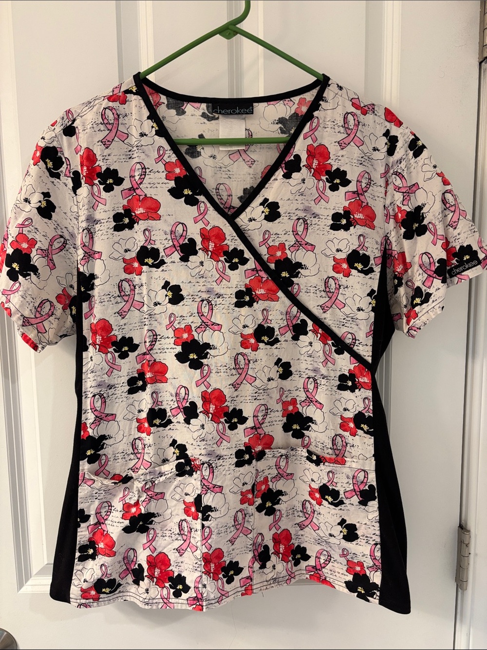 Cherokee Pink Ribbon Floral Crossover Scrub Top Large